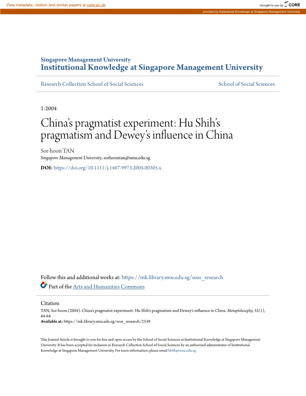 China's Pragmatist Experiment: Hu Shih's Pragmatism and Dewey's Influence in China
