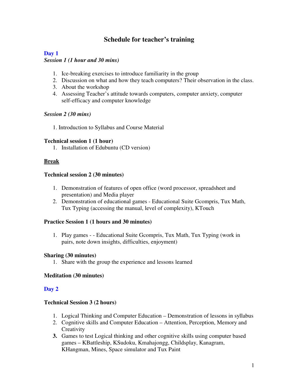 Schedule for Teacher's Training