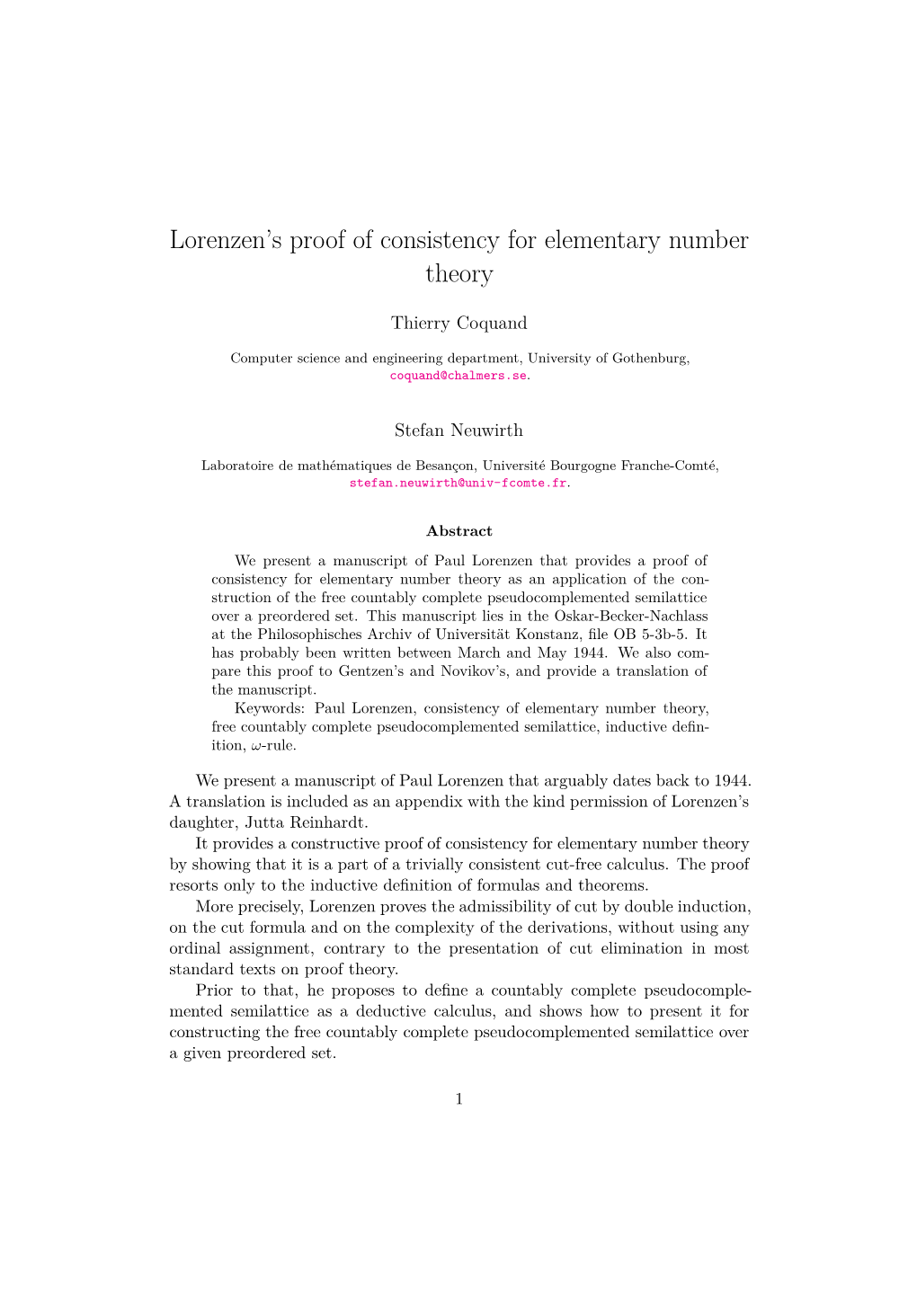 Lorenzen's Proof of Consistency for Elementary Number Theory