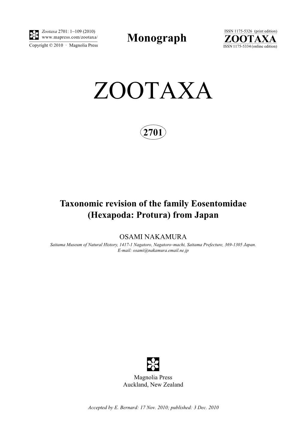 Taxonomic Revision of the Family Eosentomidae (Hexapoda: Protura) from Japan