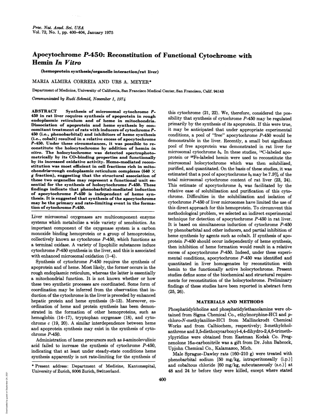 Apocytochrome P-450: Reconstitution of Functional Cytochrome With