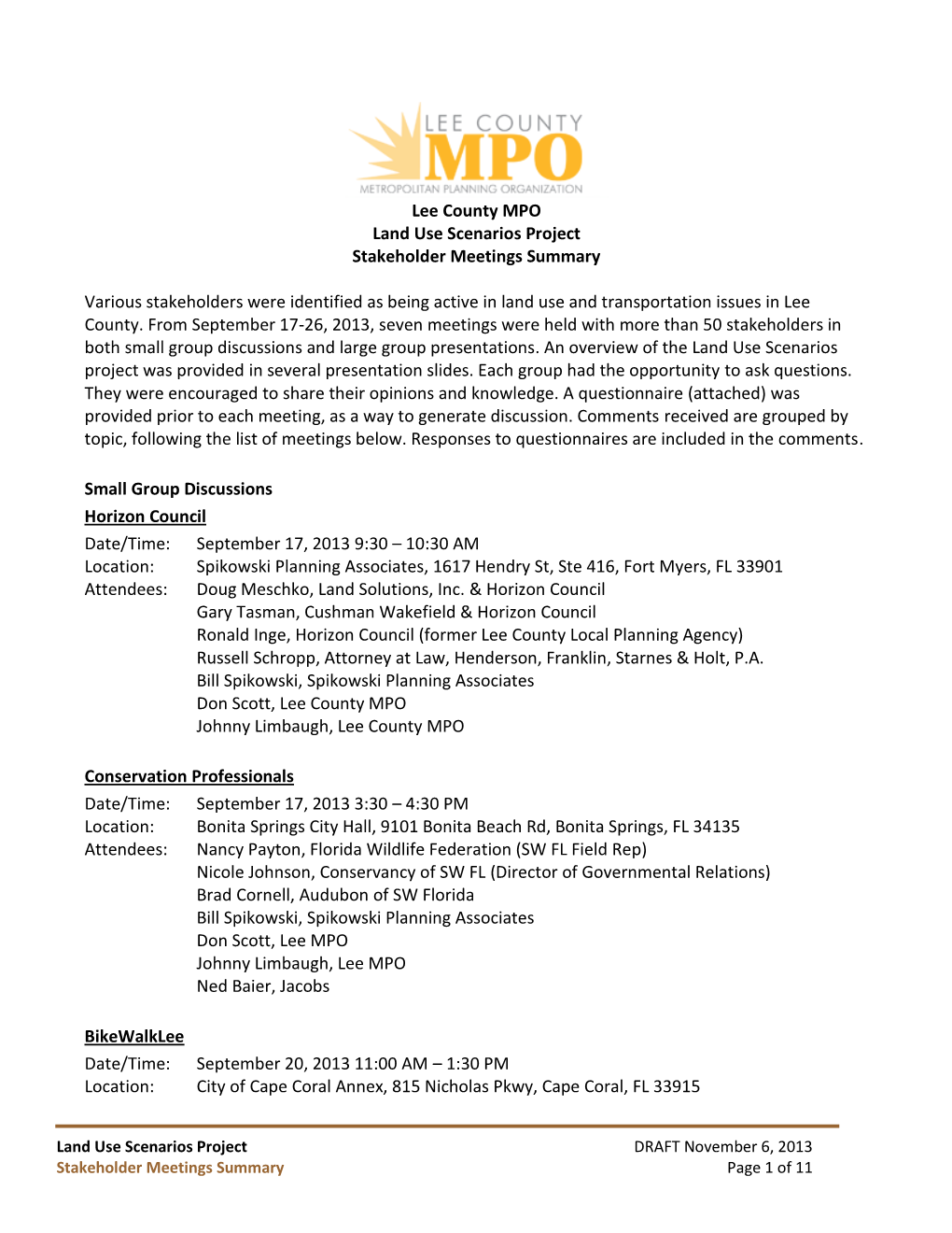 Lee County MPO Land Use Scenarios Project Stakeholder Meetings Summary