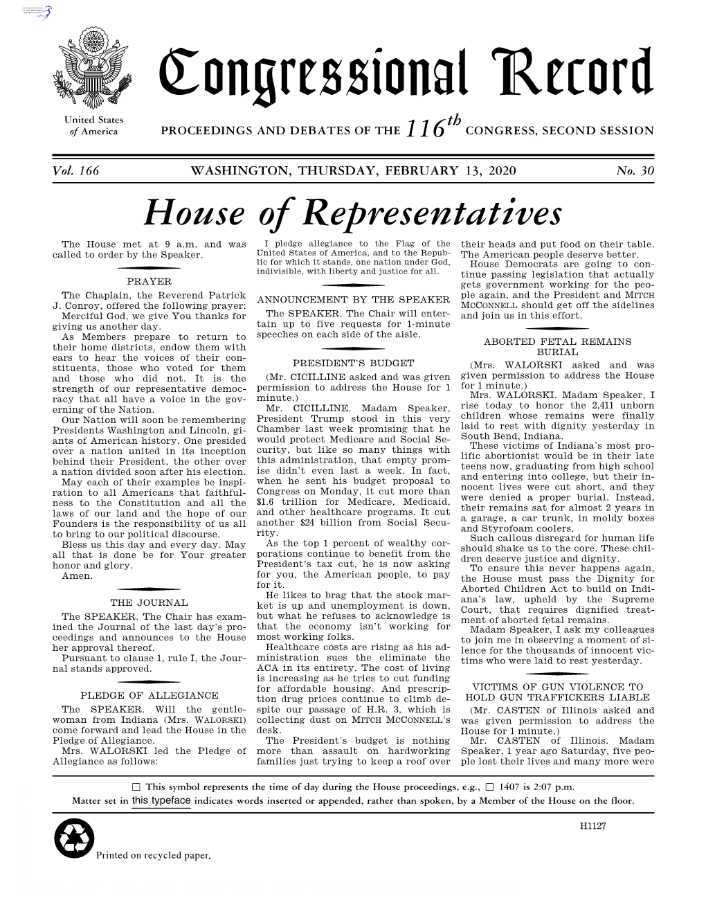 Congressional Record United States Th of America PROCEEDINGS and DEBATES of the 116 CONGRESS, SECOND SESSION