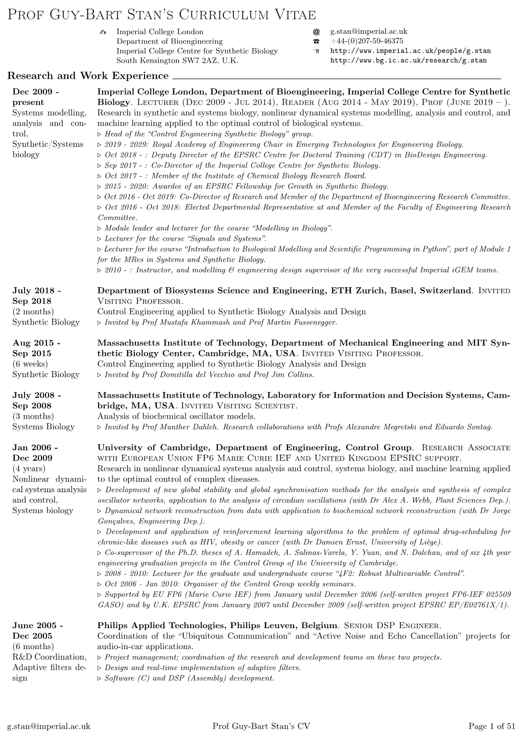 Prof Guy-Bart Stan's Curriculum Vitae