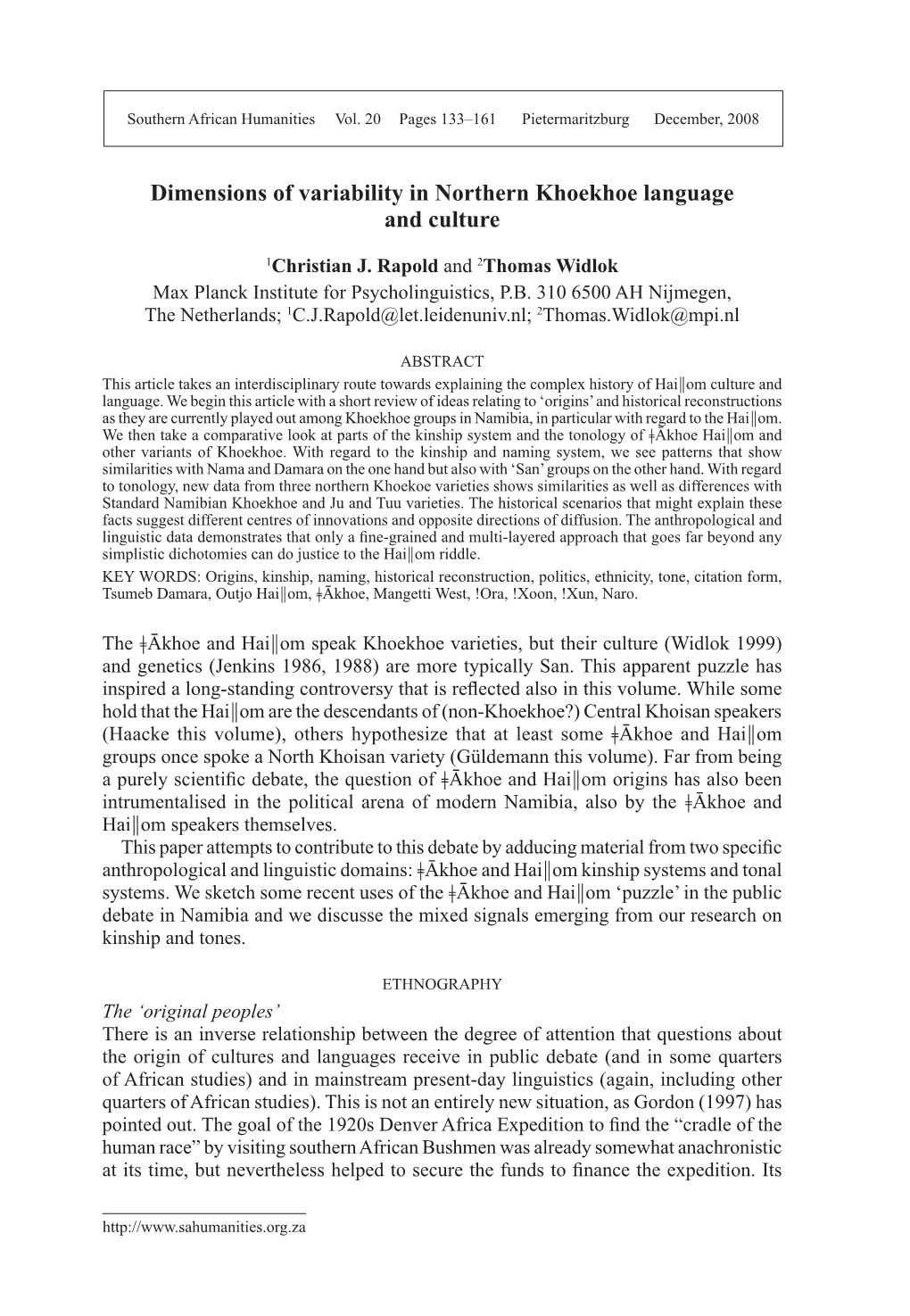 Dimensions of Variability in Northern Khoekhoe Language and Culture