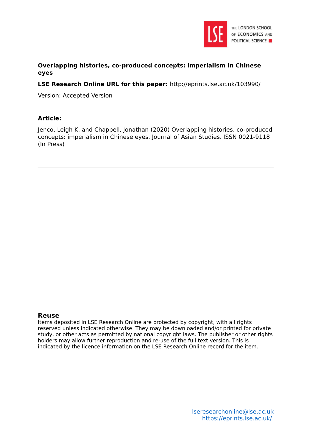 Imperialism in Chinese Eyes LSE Research Online URL for This Paper: Version: Accepted Version