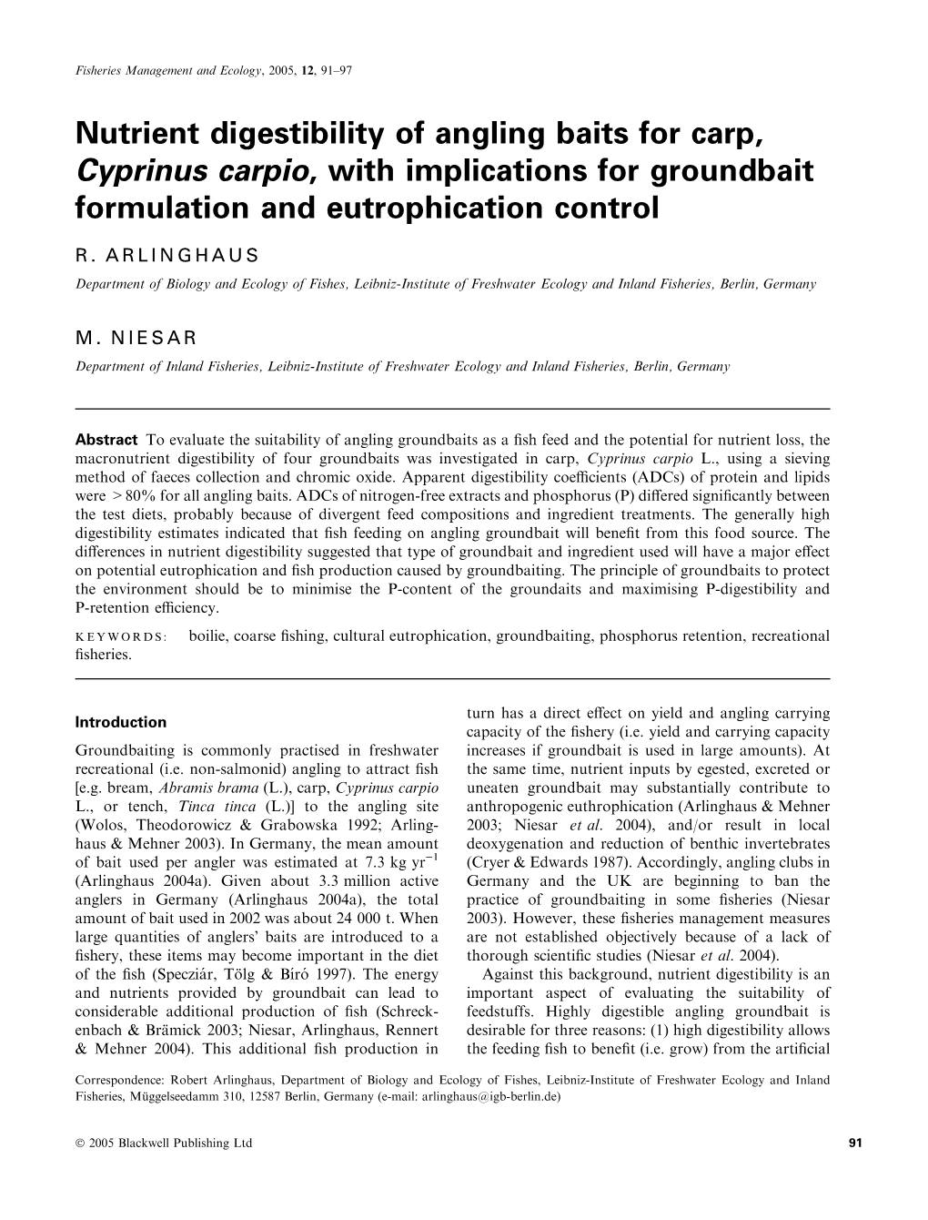 Nutrient Digestibility of Angling Baits for Carp, Cyprinus Carpio, with Implications for Groundbait Formulation and Eutrophication Control