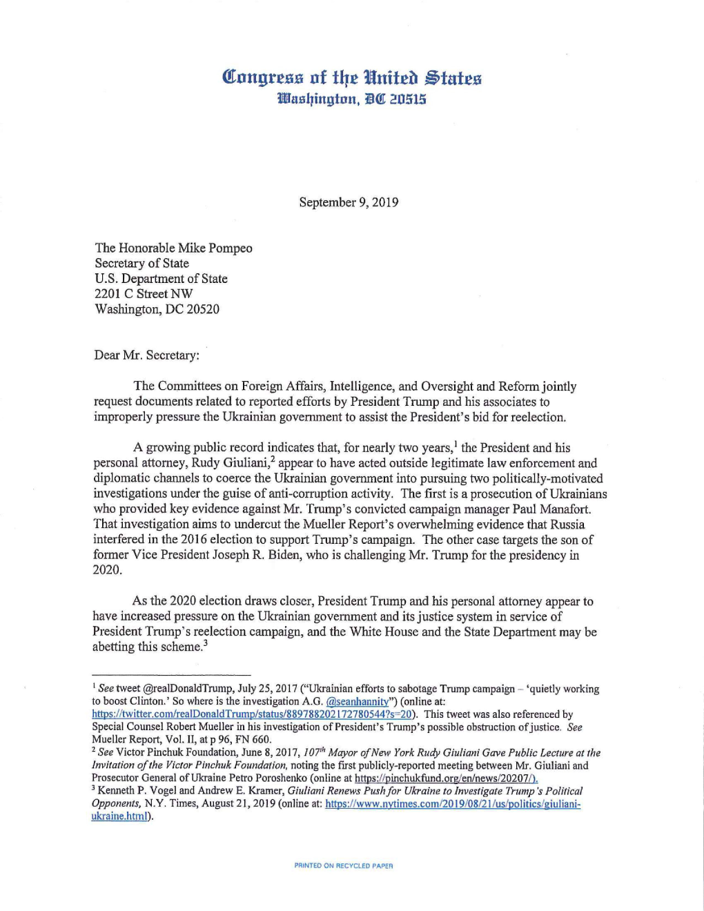 Letter from House Chairmen Cummings, Engel