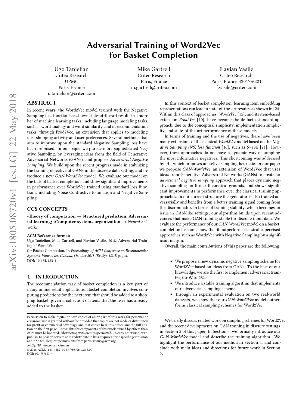 Adversarial Training of Word2vec for Basket Completion