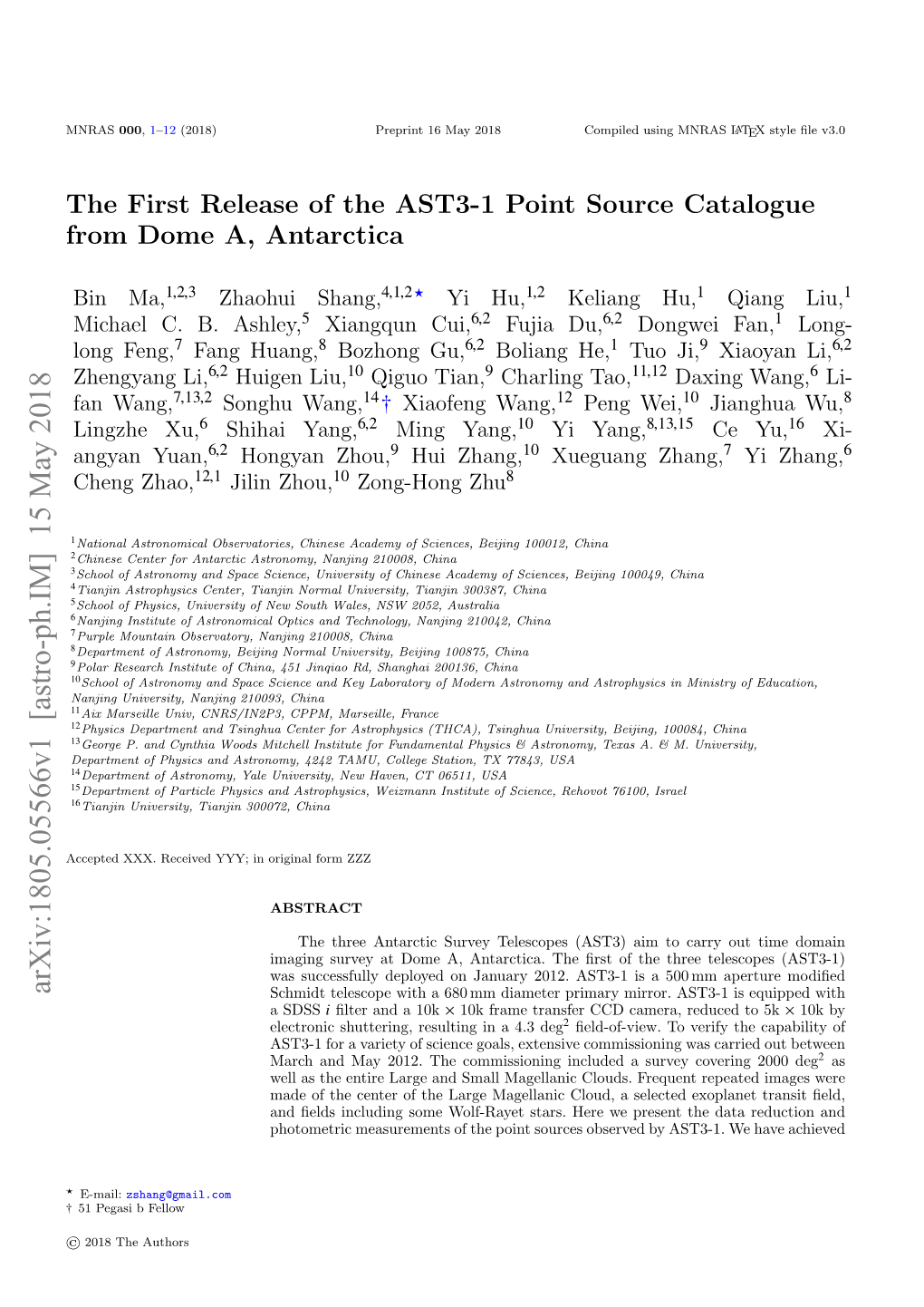 The First Release of the AST3-1 Point Source Catalogue from Dome A, Antarctica