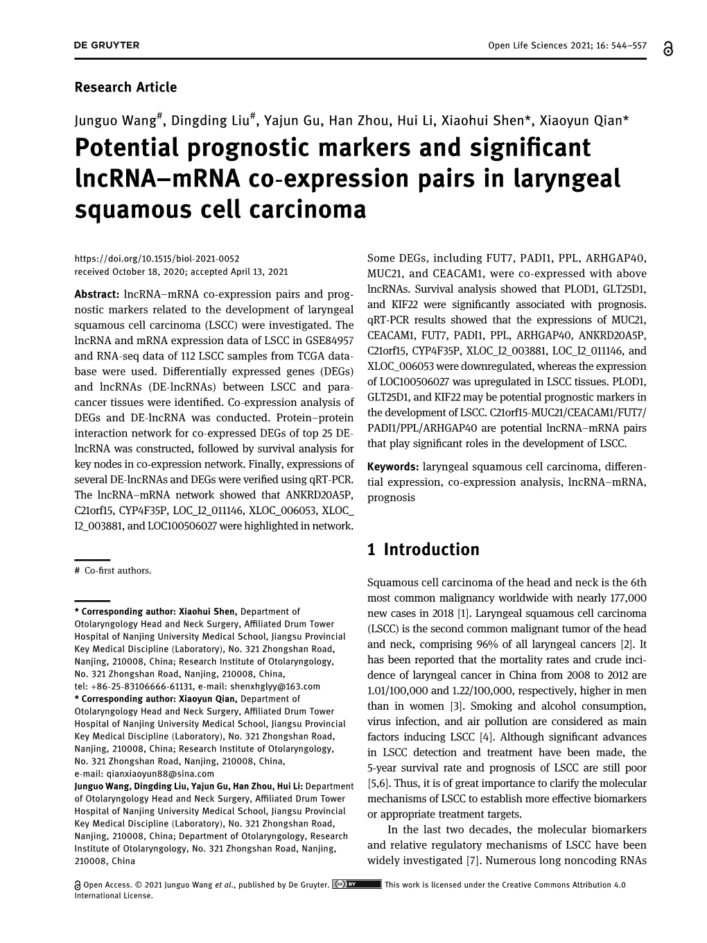 Potential Prognostic Markers and Significant Lncrna–Mrna Co