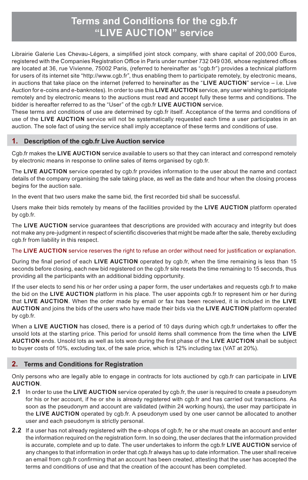 Terms and Conditions for the Cgb.Fr “LIVE AUCTION” Service