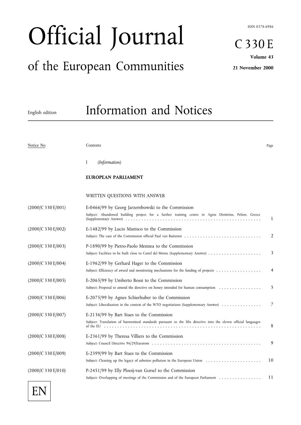 Official Journal C 330 E Volume 43 of the European Communities 21 November 2000