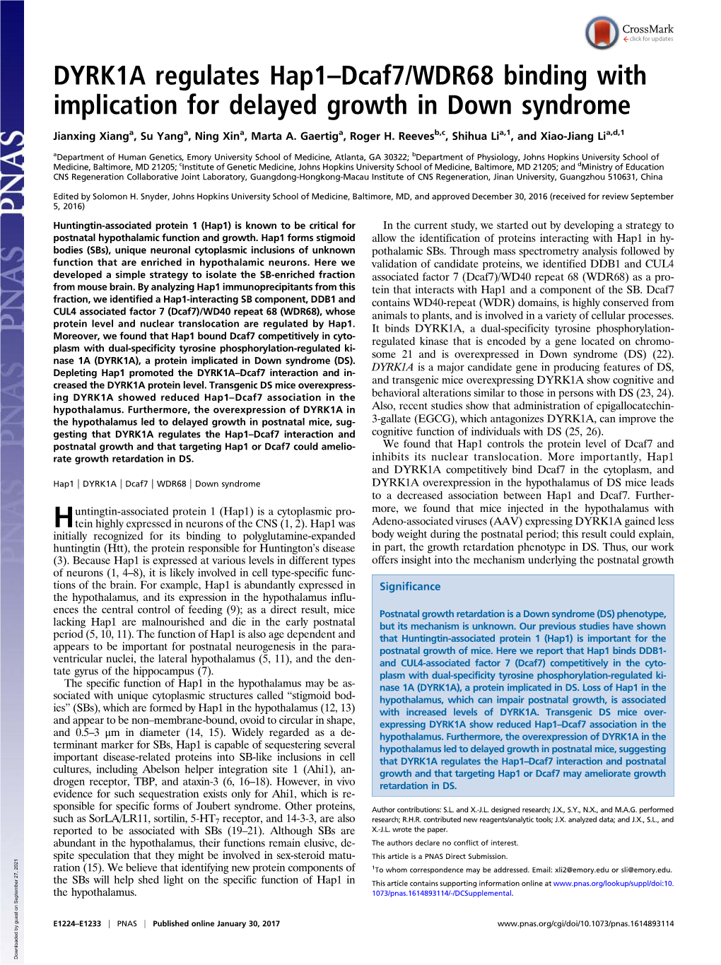 DYRK1A Regulates Hap1–Dcaf7/WDR68 Binding with Implication for Delayed Growth in Down Syndrome