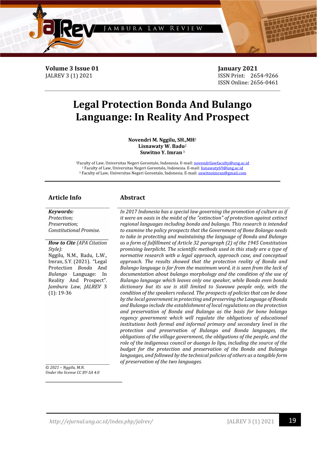 Legal Protection Bonda and Bulango Languange: in Reality and Prospect