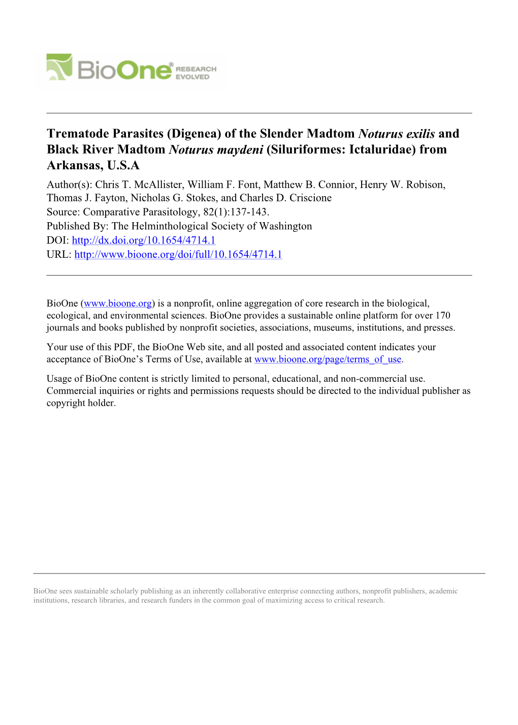 Trematode Parasites (Digenea) of the Slender