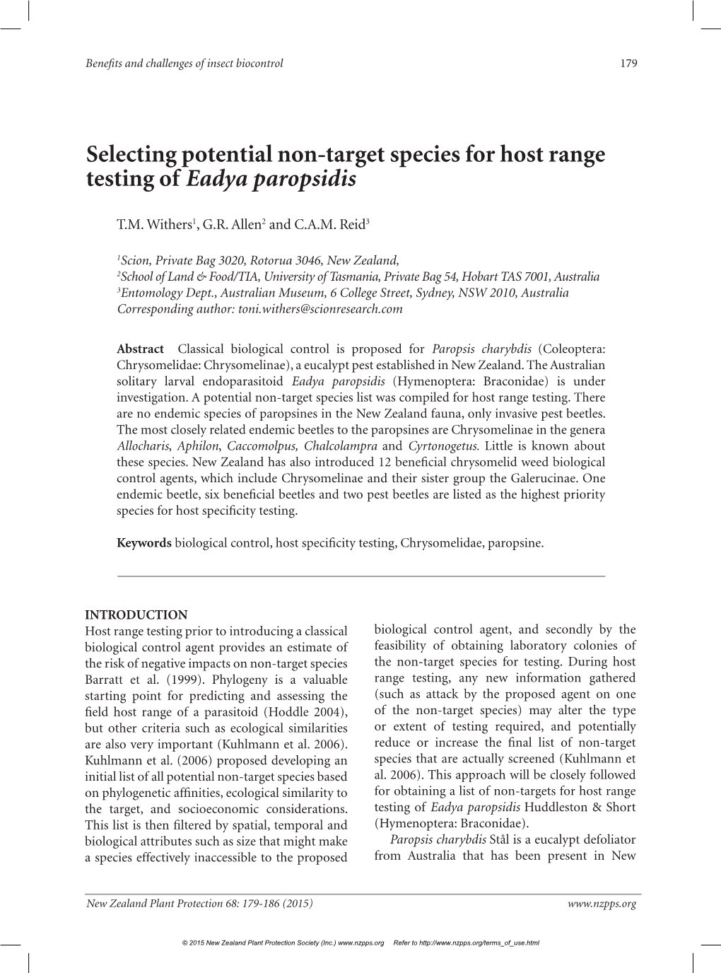 Selecting Potential Non-Target Species for Host Range Testing of Eadya Paropsidis