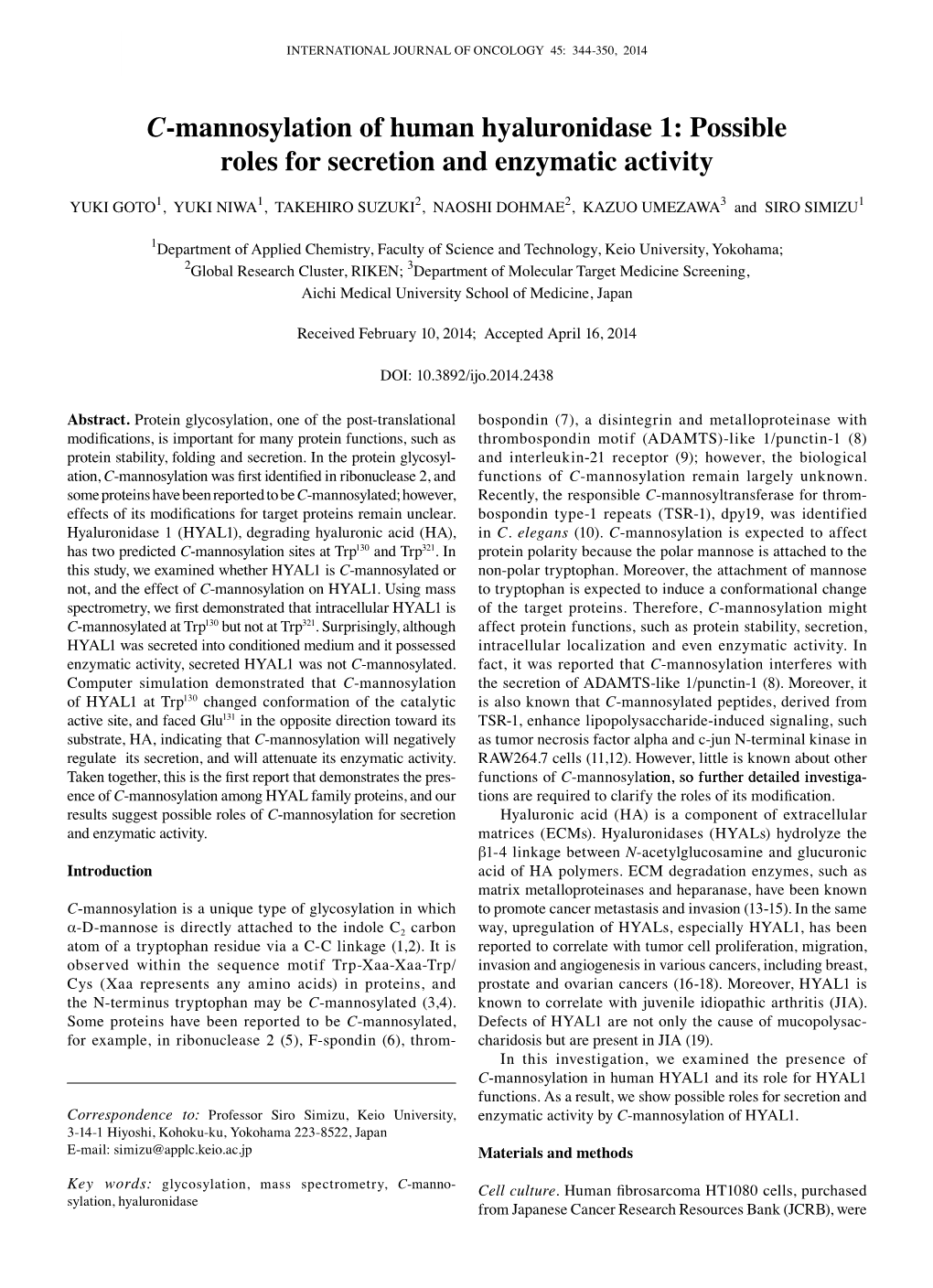 C-Mannosylation of Human Hyaluronidase 1: Possible Roles for Secretion and Enzymatic Activity