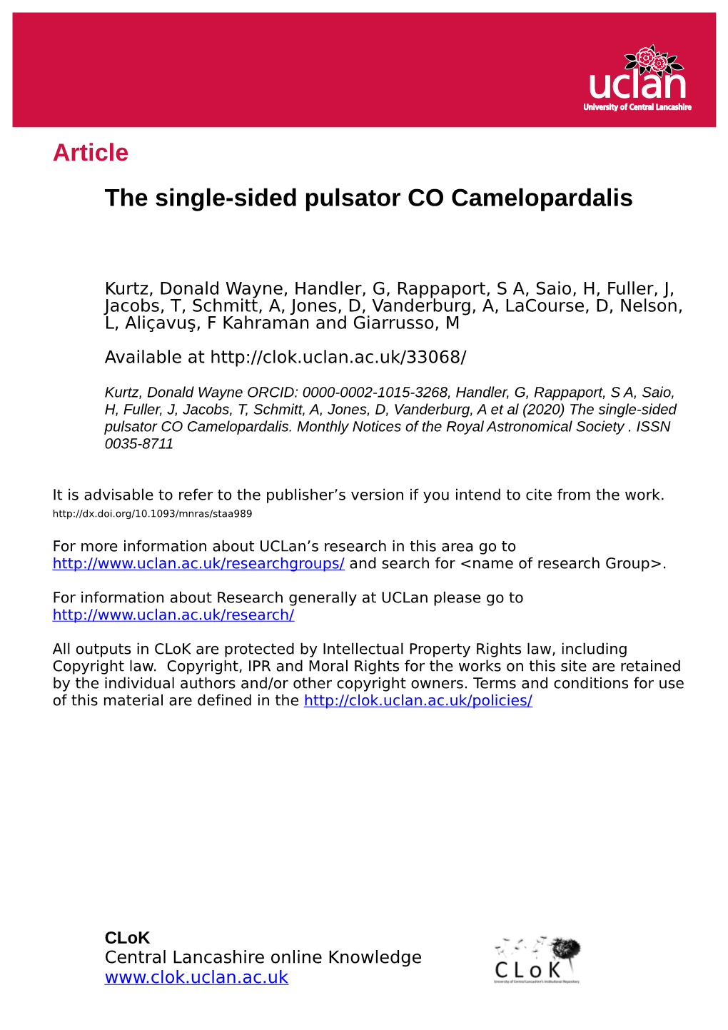 Article the Single-Sided Pulsator CO Camelopardalis