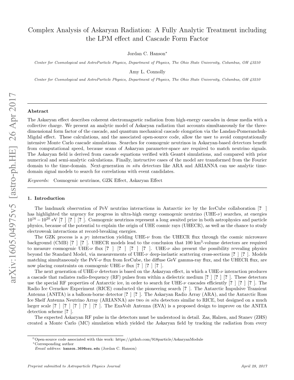 Complex Analysis of Askaryan Radiation: a Fully Analytic Treatment Including the LPM Eﬀect and Cascade Form Factor