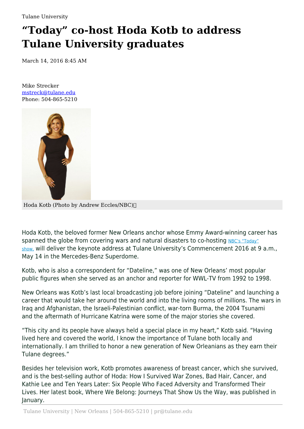 Co-Host Hoda Kotb to Address Tulane University Graduates