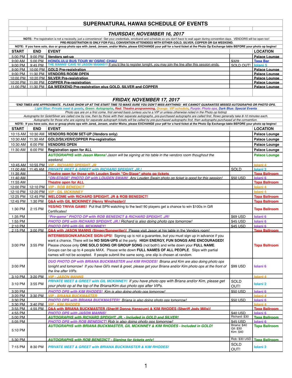 Supernatural Hawaii Schedule of Events