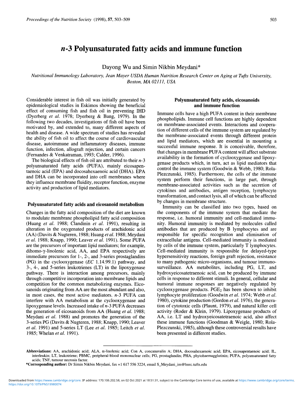 N-3 Polyunsaturated Fatty Acids and Immune Function