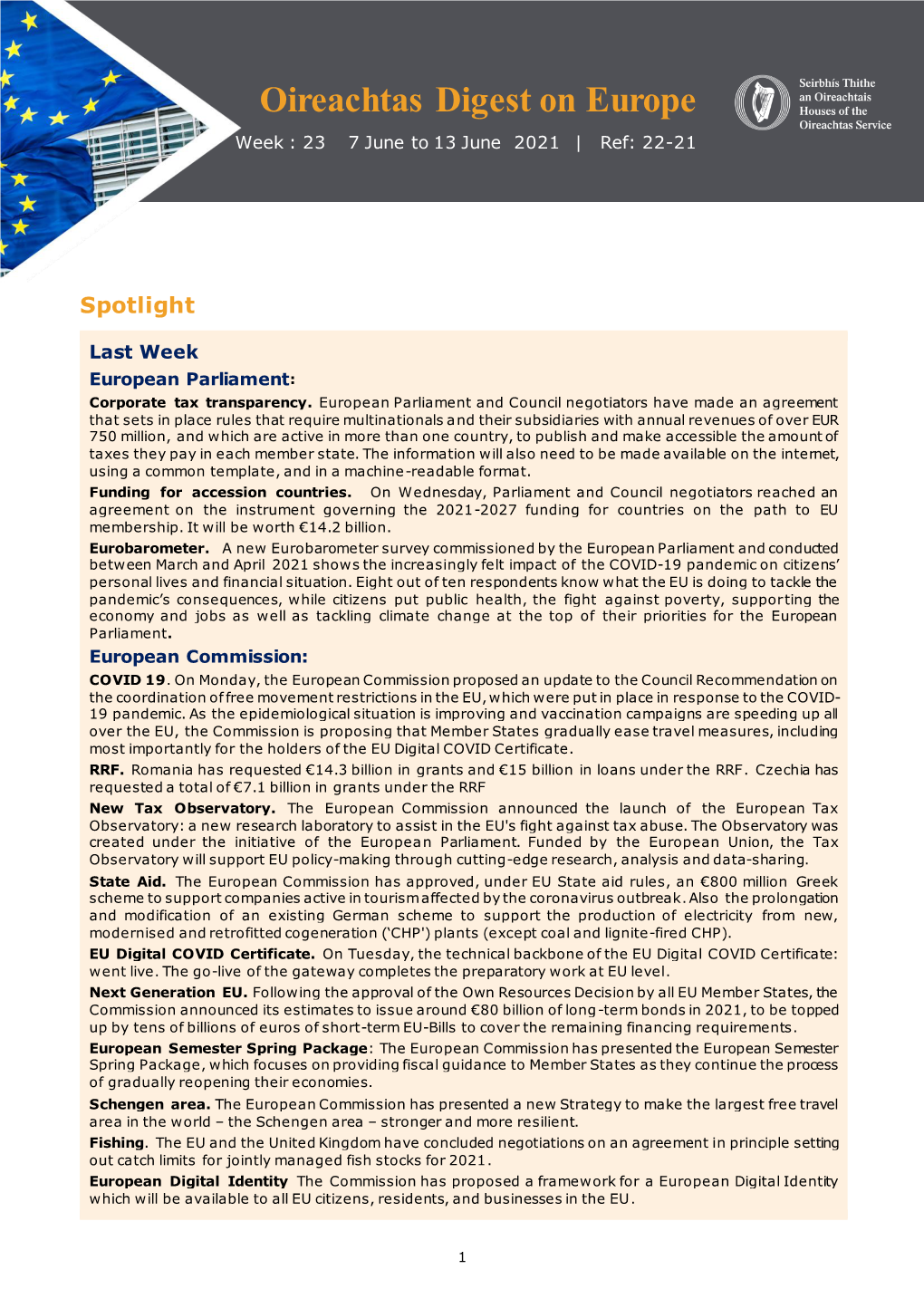 Oireachtas Digest on Europe Week : 23 7 June to 13 June 2021 | Ref: 22-21