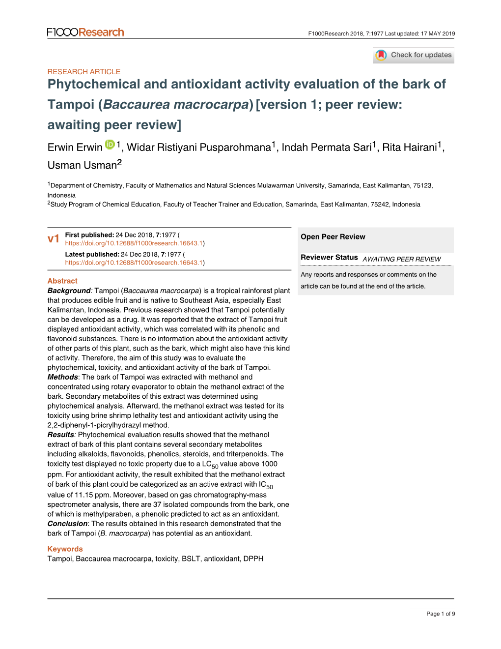 Phytochemical and Antioxidant Activity Evaluation of the Bark Of