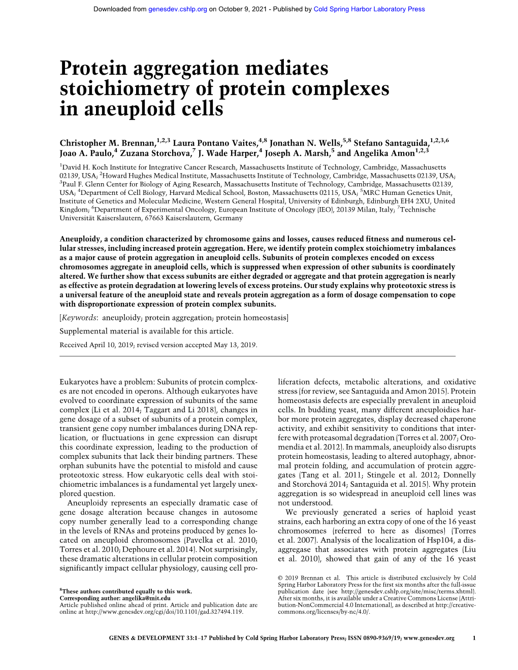 Protein Aggregation Mediates Stoichiometry of Protein Complexes in Aneuploid Cells