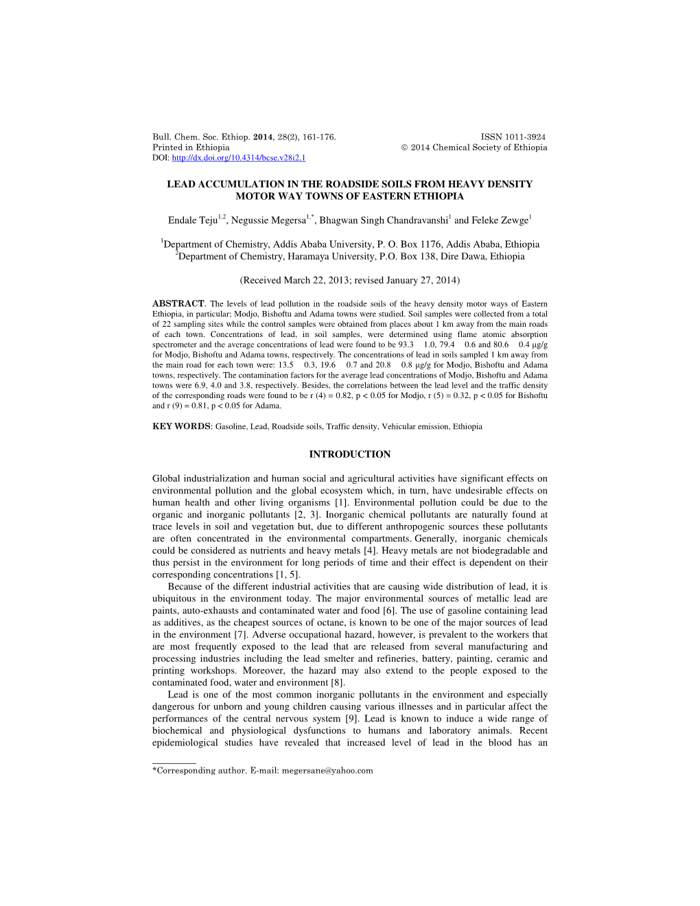 Lead Accumulation in the Roadside Soils from Heavy Density Motor Way Towns of Eastern Ethiopia