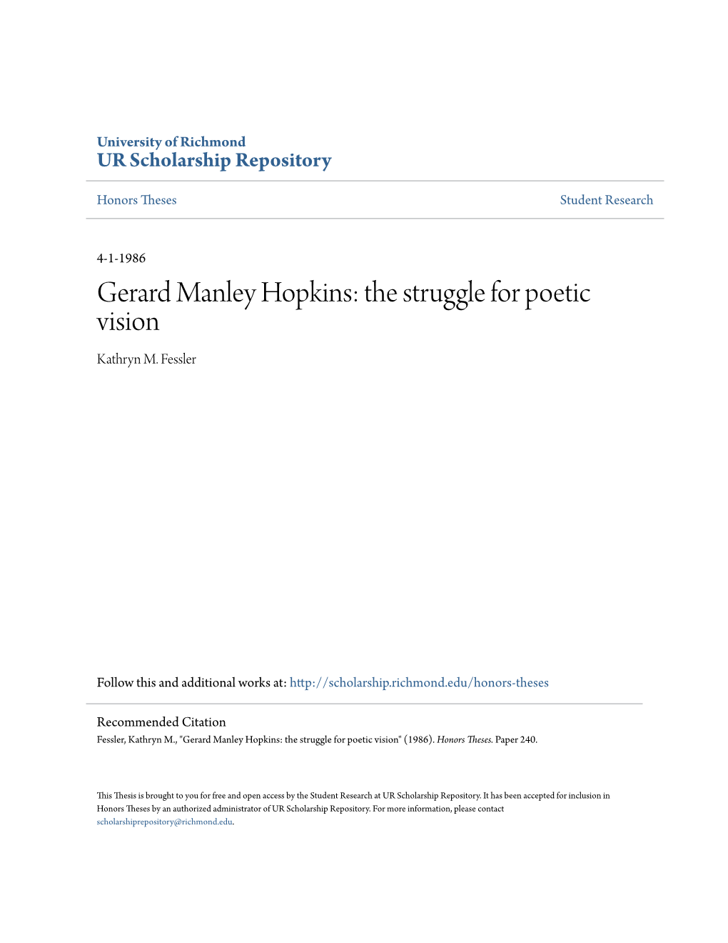 Gerard Manley Hopkins: the Struggle for Poetic Vision Kathryn M