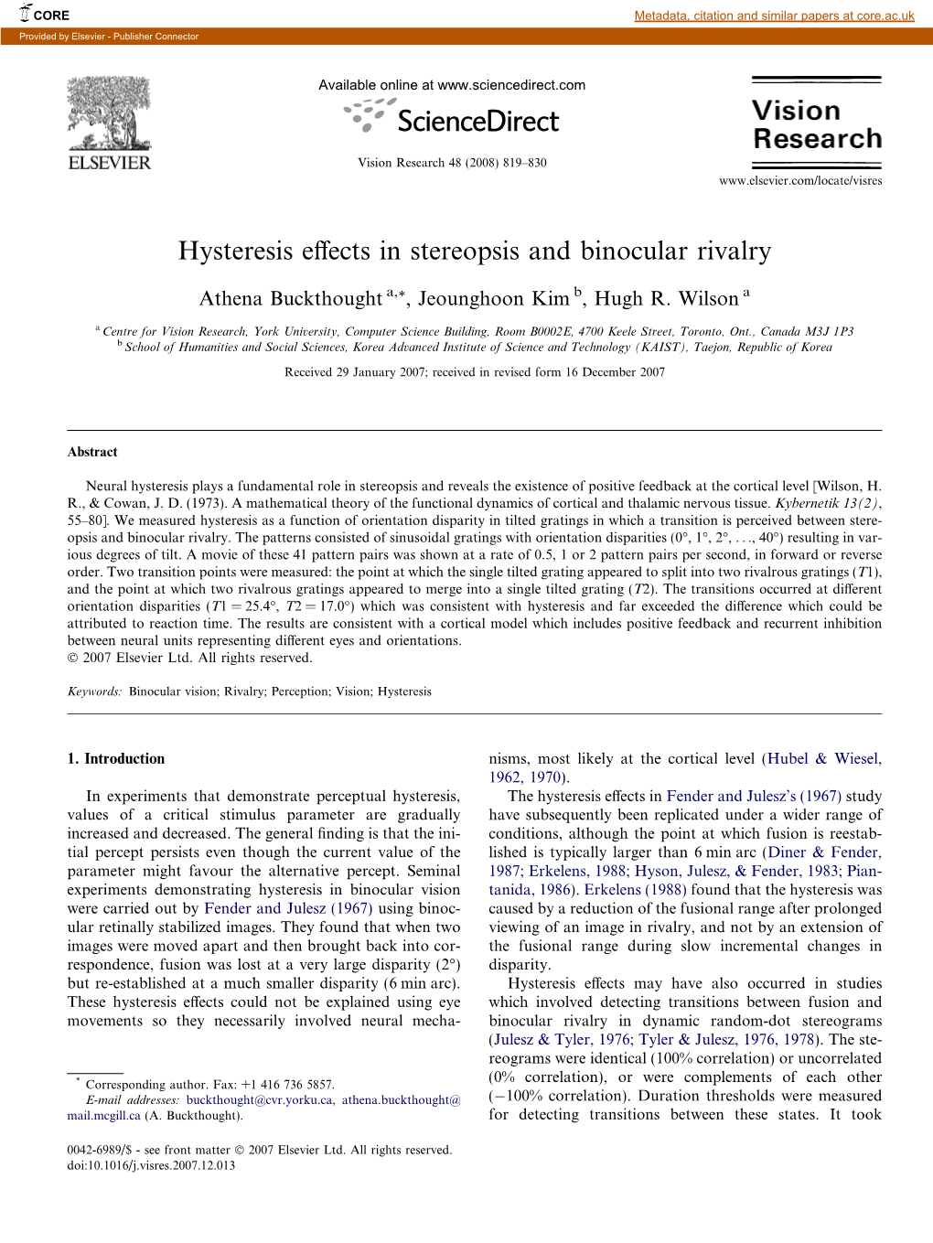 Hysteresis Effects in Stereopsis and Binocular Rivalry