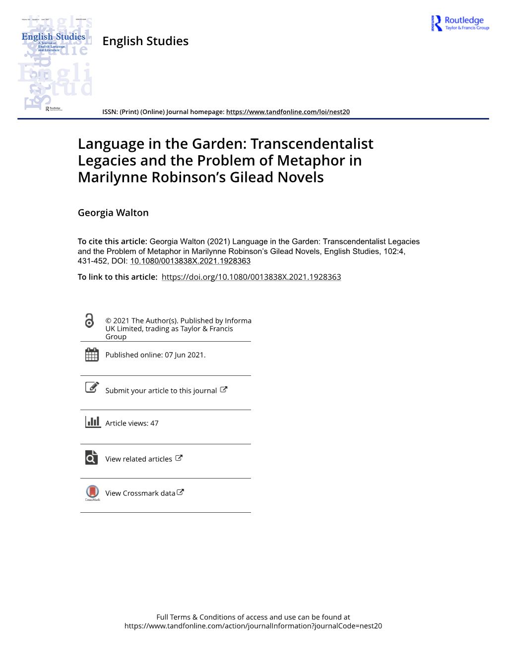 Language in the Garden: Transcendentalist Legacies and the Problem of Metaphor in Marilynne Robinson’S Gilead Novels