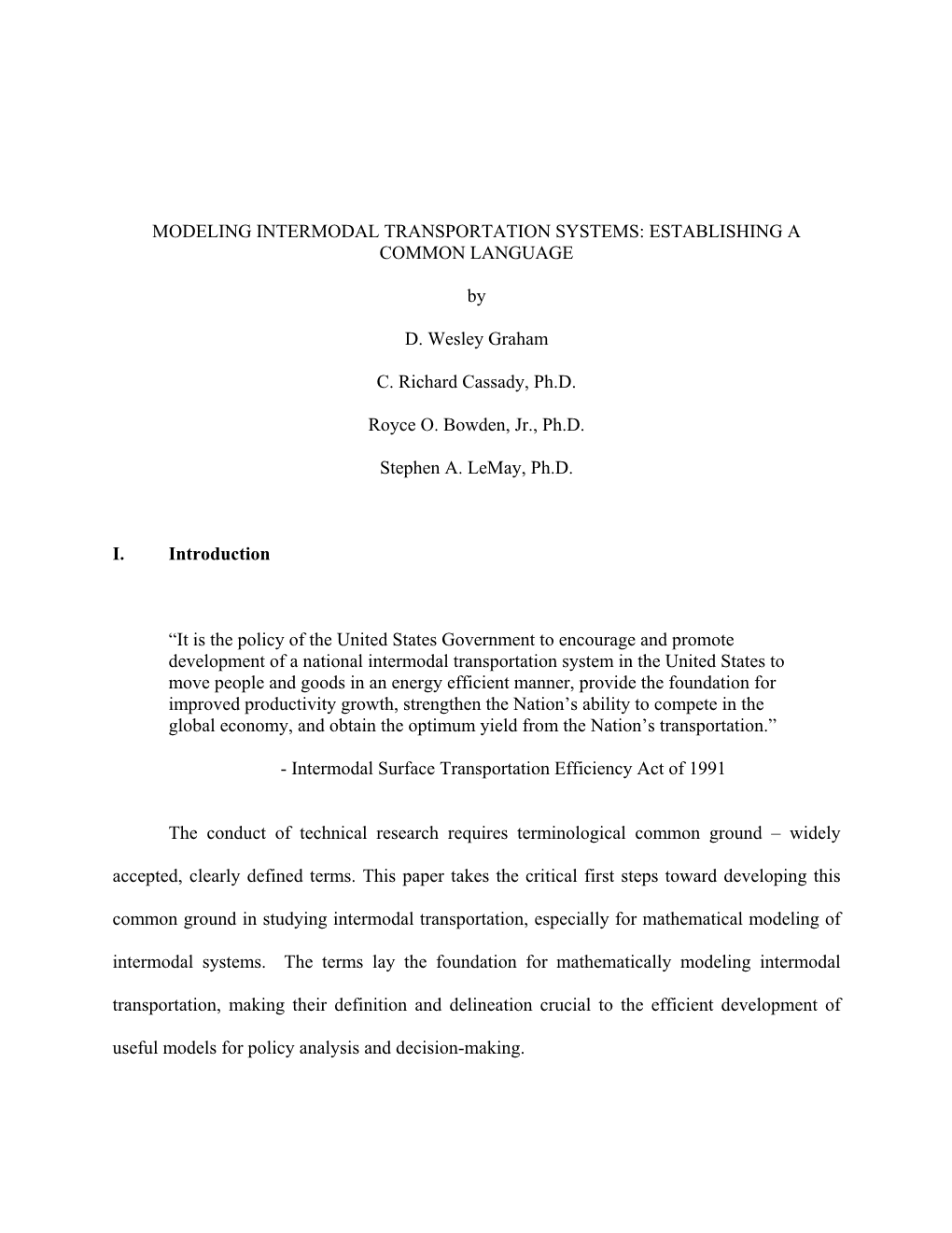 Modeling Intermodal Transportation Systems: Establishing a Common Language