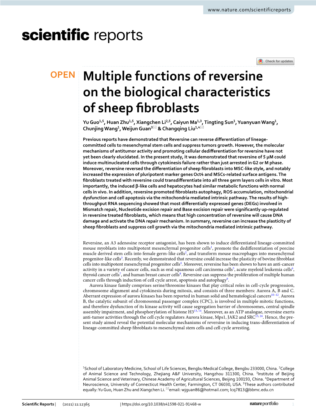 Multiple Functions of Reversine on the Biological Characteristics of Sheep