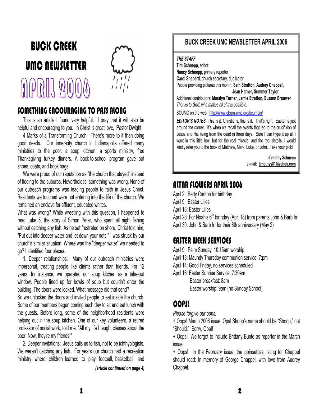 Buck Creek Umc Newsletter April 2006 Buck Creek