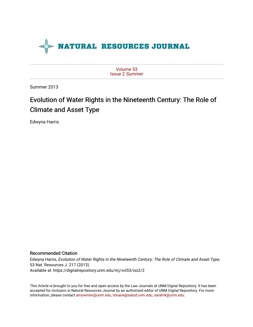 Evolution of Water Rights in the Nineteenth Century: the Role of Climate and Asset Type