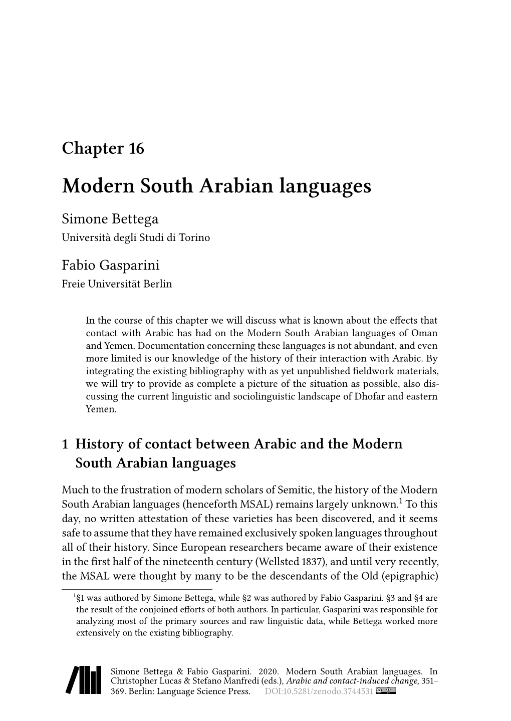 Modern South Arabian Languages Simone Bettega Università Degli Studi Di Torino Fabio Gasparini Freie Universität Berlin