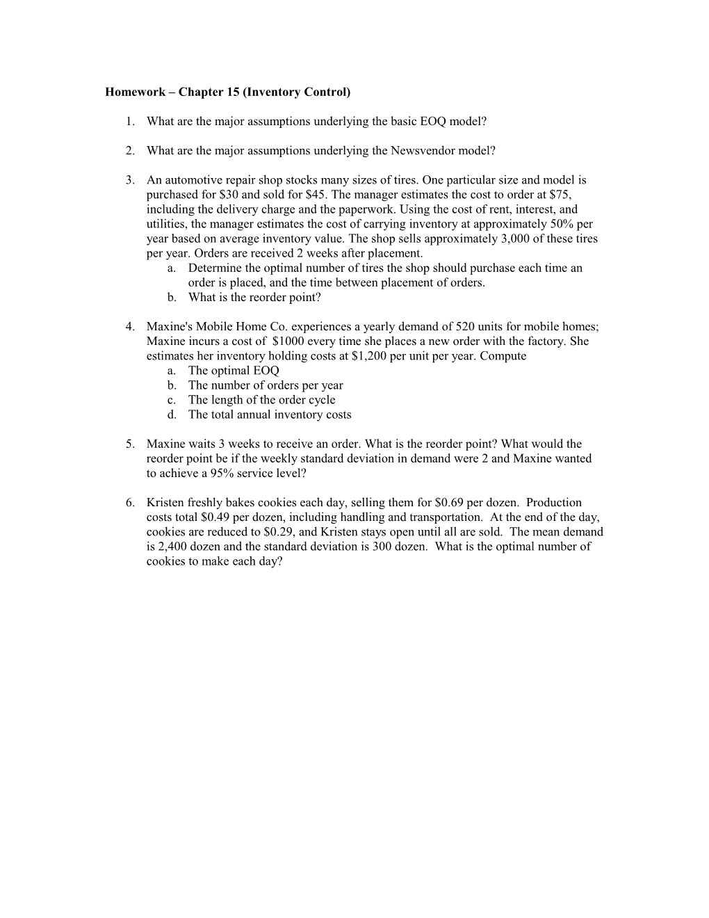 Homework Chapter 15 (Inventory Control)