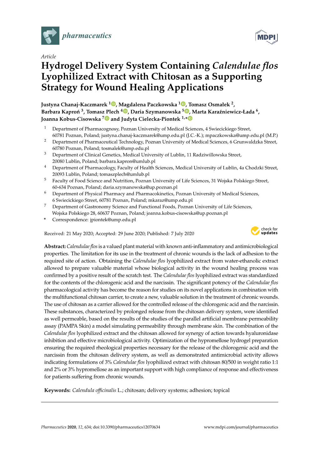 Hydrogel Delivery System Containing Calendulae Flos Lyophilized Extract