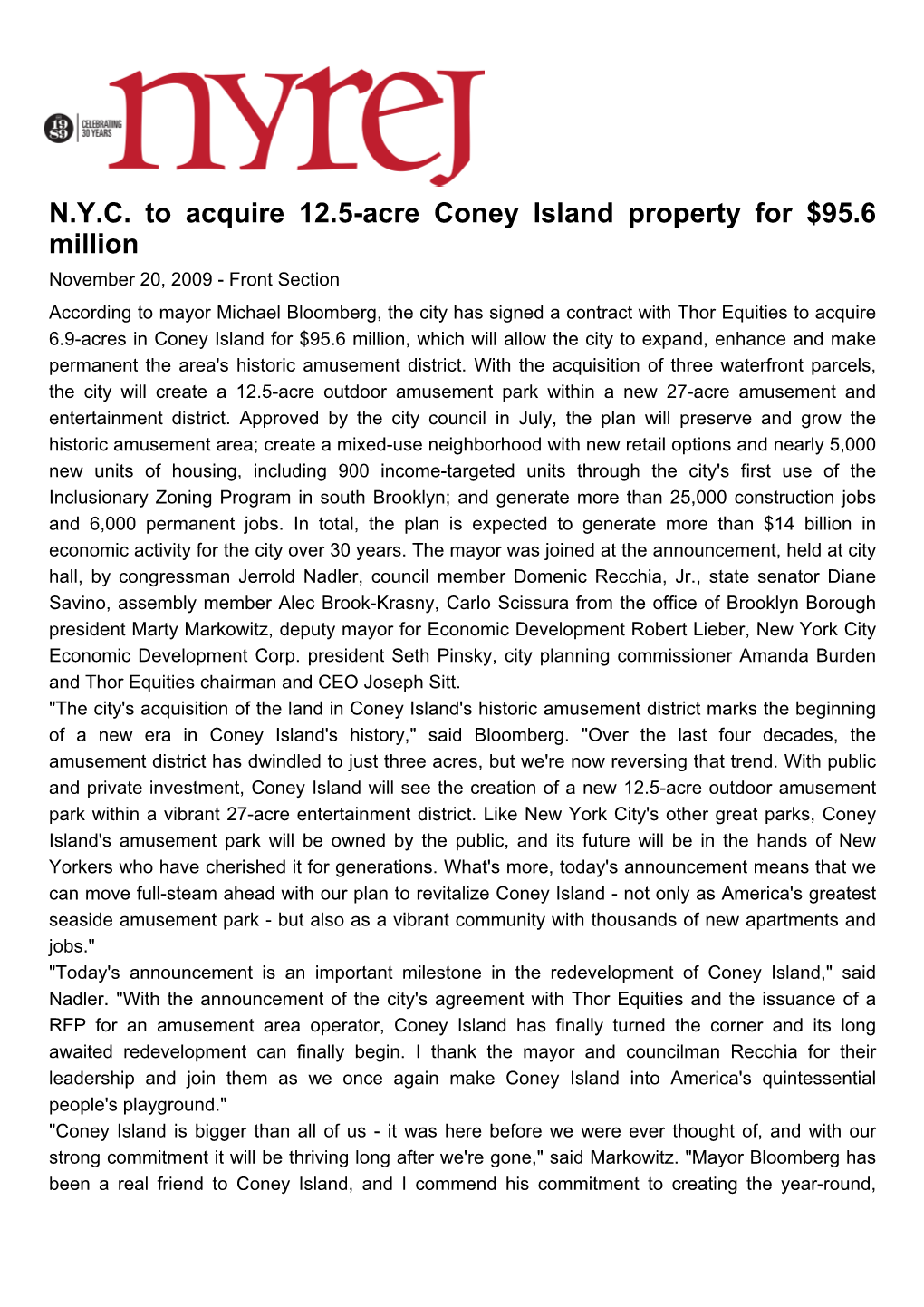 N.Y.C. to Acquire 12.5-Acre Coney Island Property for $95.6 Million