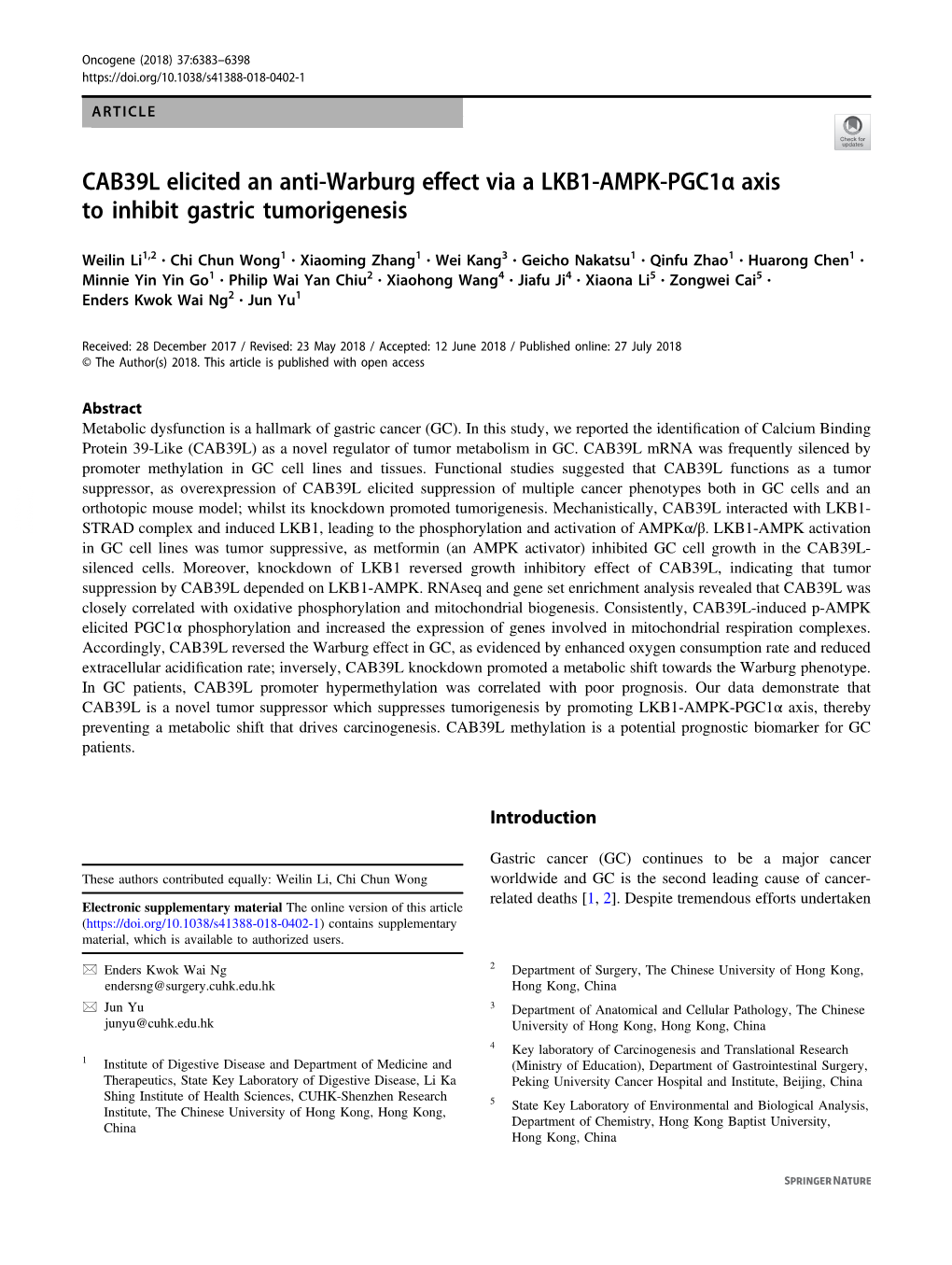 CAB39L Elicited an Anti-Warburg Effect Via a LKB1-AMPK-Pgc1α Axis to Inhibit Gastric Tumorigenesis