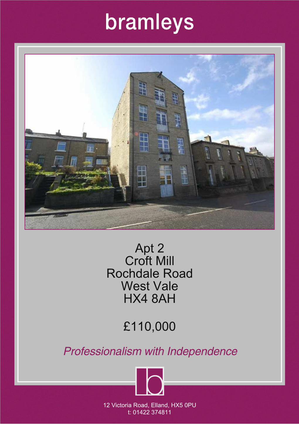 Apt 2 Croft Mill Rochdale Road West Vale HX4 8AH £110,000