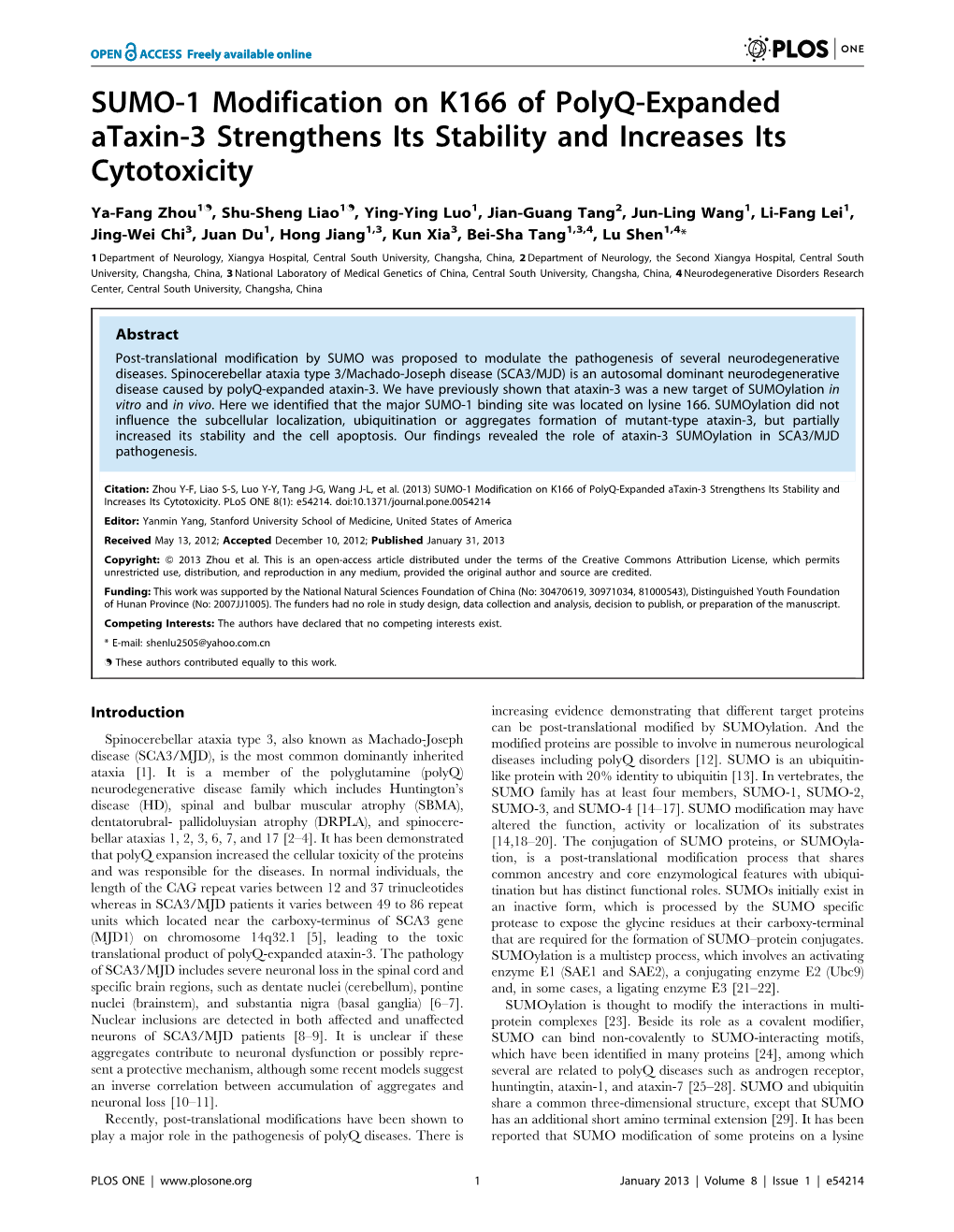 SUMO-1 Modification on K166 of Polyq-Expanded Ataxin-3 Strengthens Its Stability and Increases Its Cytotoxicity