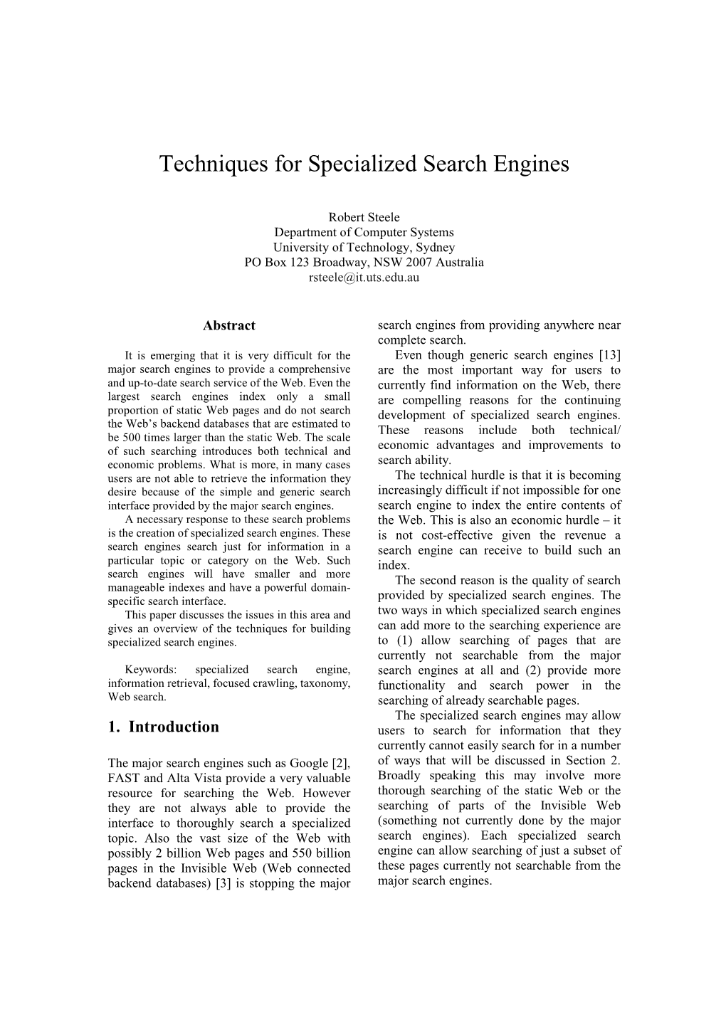 Techniques for Specialized Search Engines