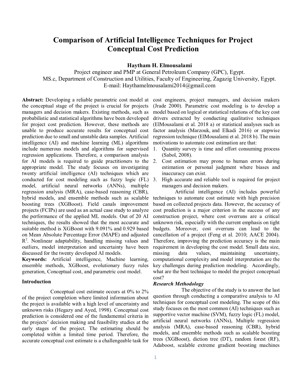 Comparison of Artificial Intelligence Techniques for Project Conceptual Cost Prediction