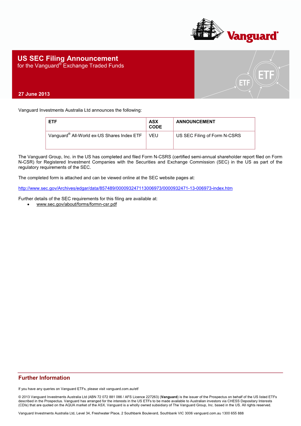 US SEC Filing Announcement for the Vanguard® Exchange Traded Funds