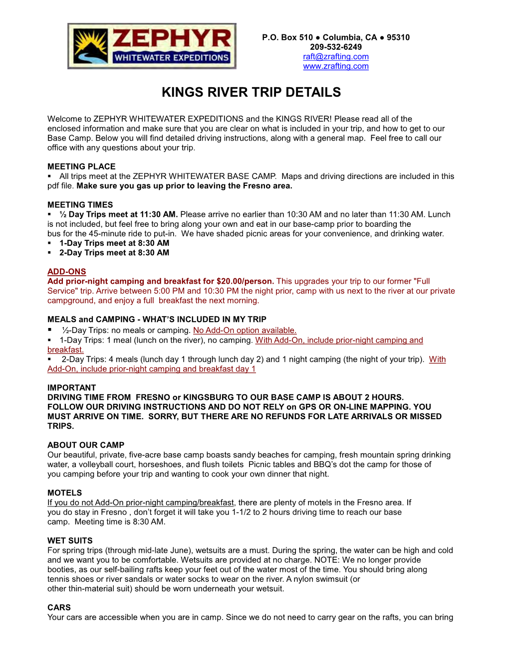 Kings River Trip Details