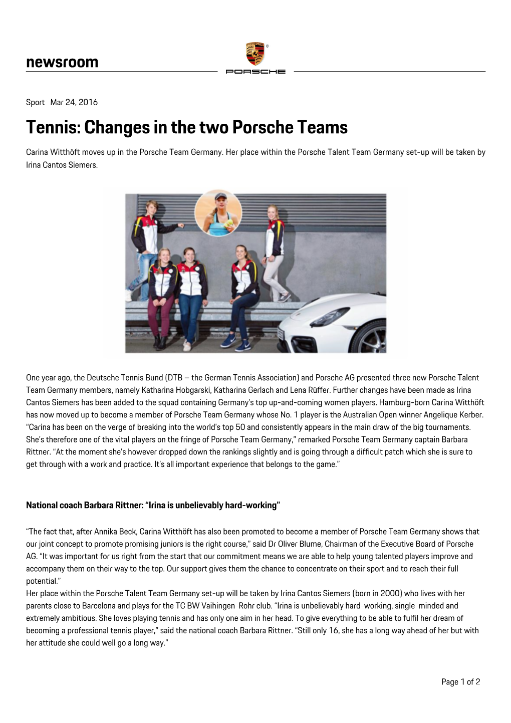 Tennis: Changes in the Two Porsche Teams Carina Witthöft Moves up in the Porsche Team Germany